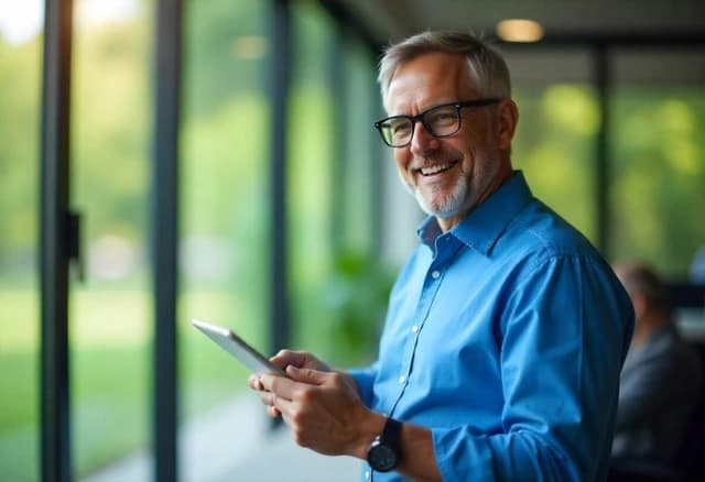 Illustration of a smiling man with a tablet